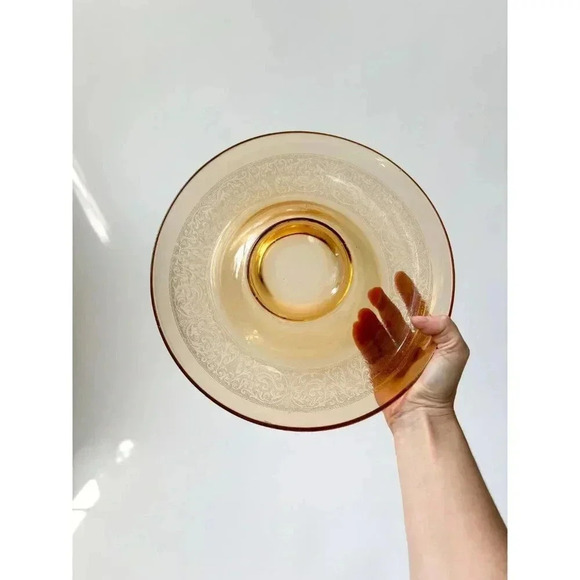 Rolled Edge Lotus Etched Vintage Glass Console Bowl | Depression Glass - Picture 9 of 9